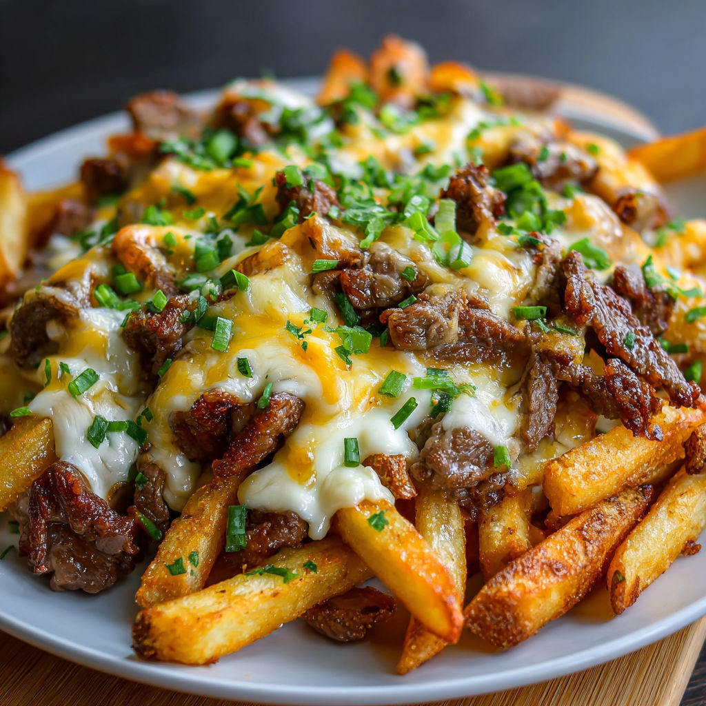 A plate of beef and cheese covered french fries.