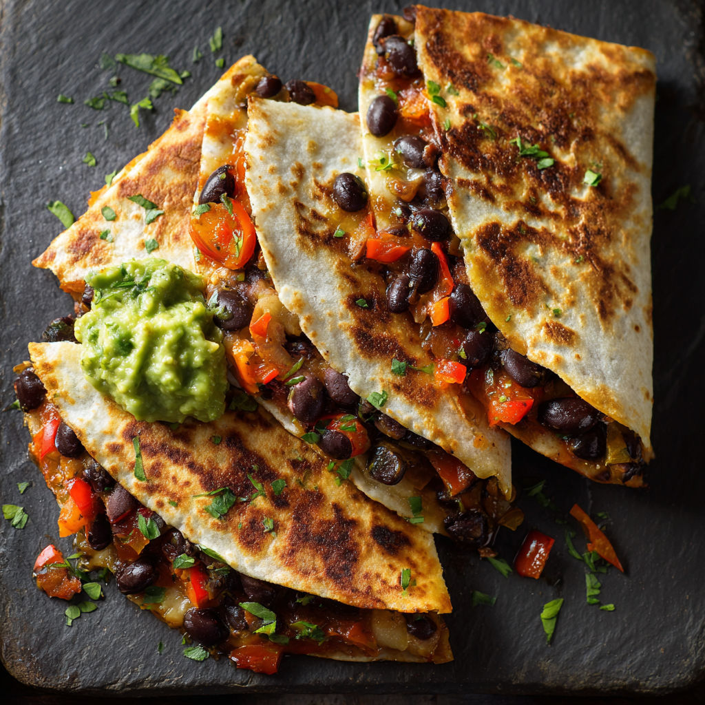 A delicious Black Bean Veggie Quesadilla is served on a plate.