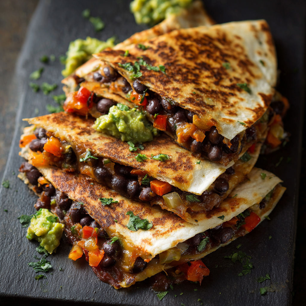 A stack of three quesadillas with black beans and avocado toppings.