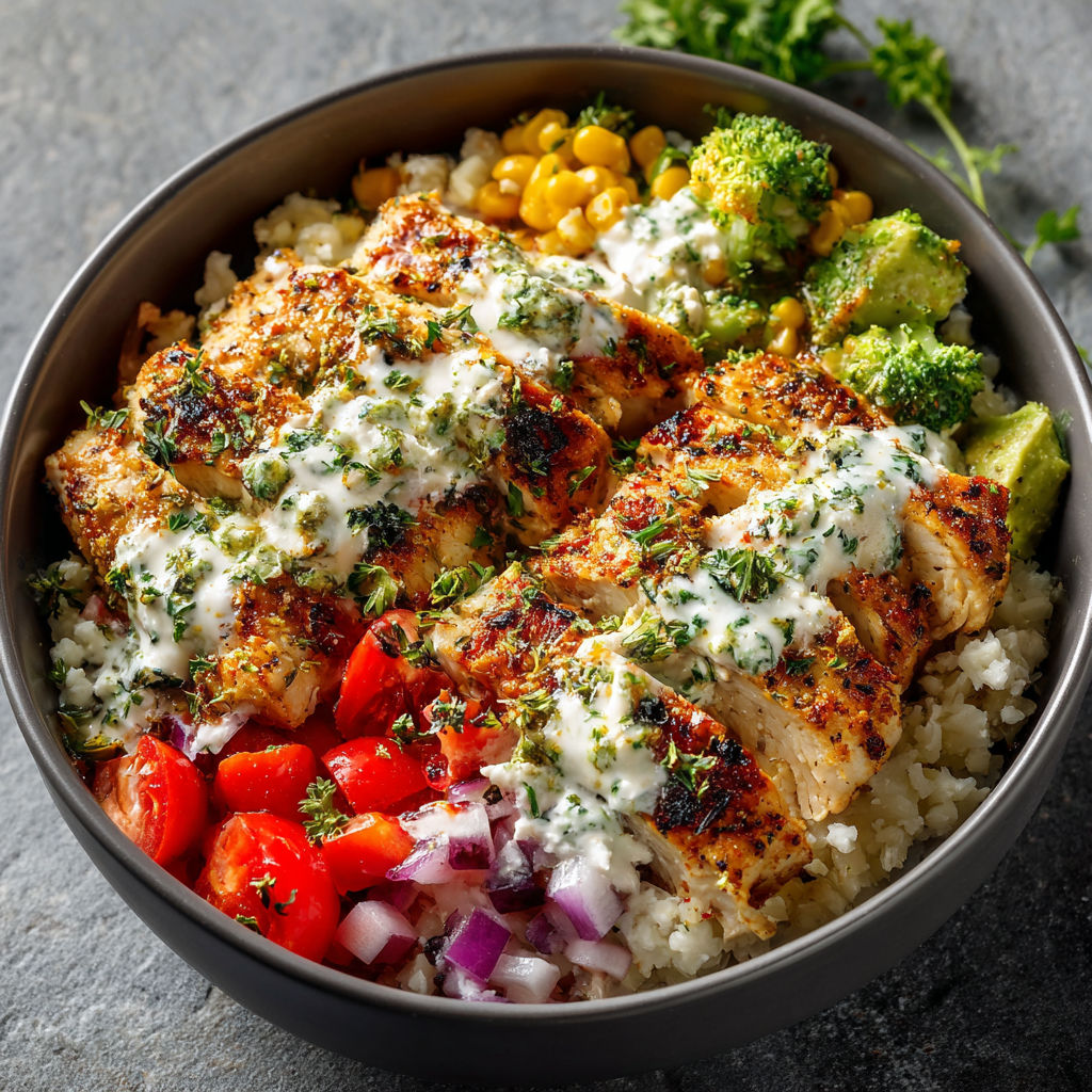 A bowl of chicken and vegetables, including tomatoes and broccoli, with a white sauce on top.