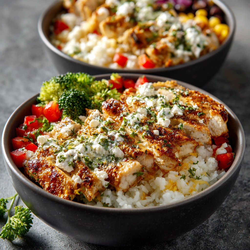 A bowl of chicken and rice with a side of broccoli.