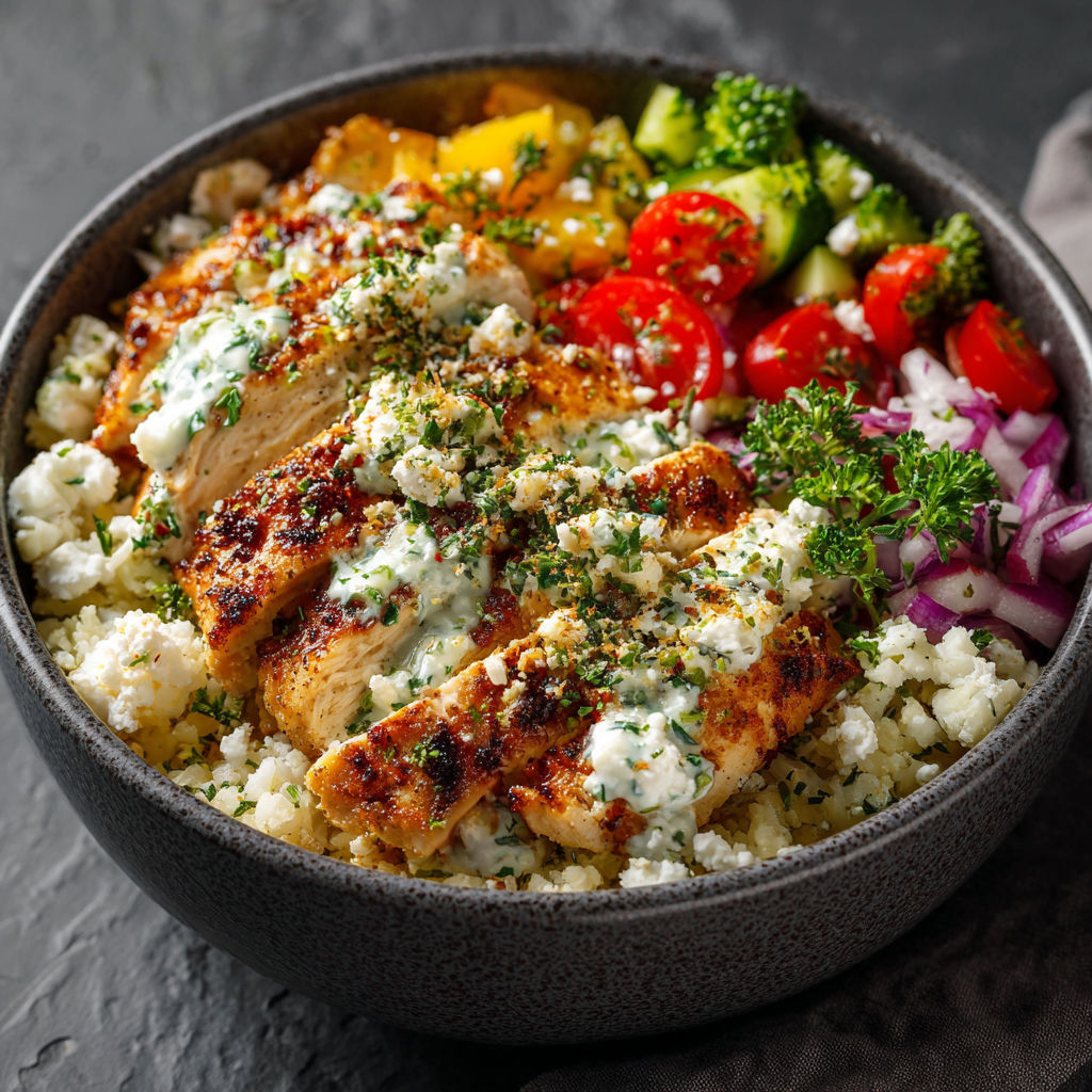 A bowl of food containing chicken, rice, tomatoes, broccoli, and onions, with a side of blue cheese dressing.