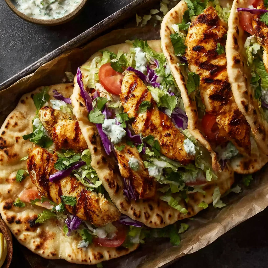A tray of chicken skewers with a side of salad and a bowl of sauce.