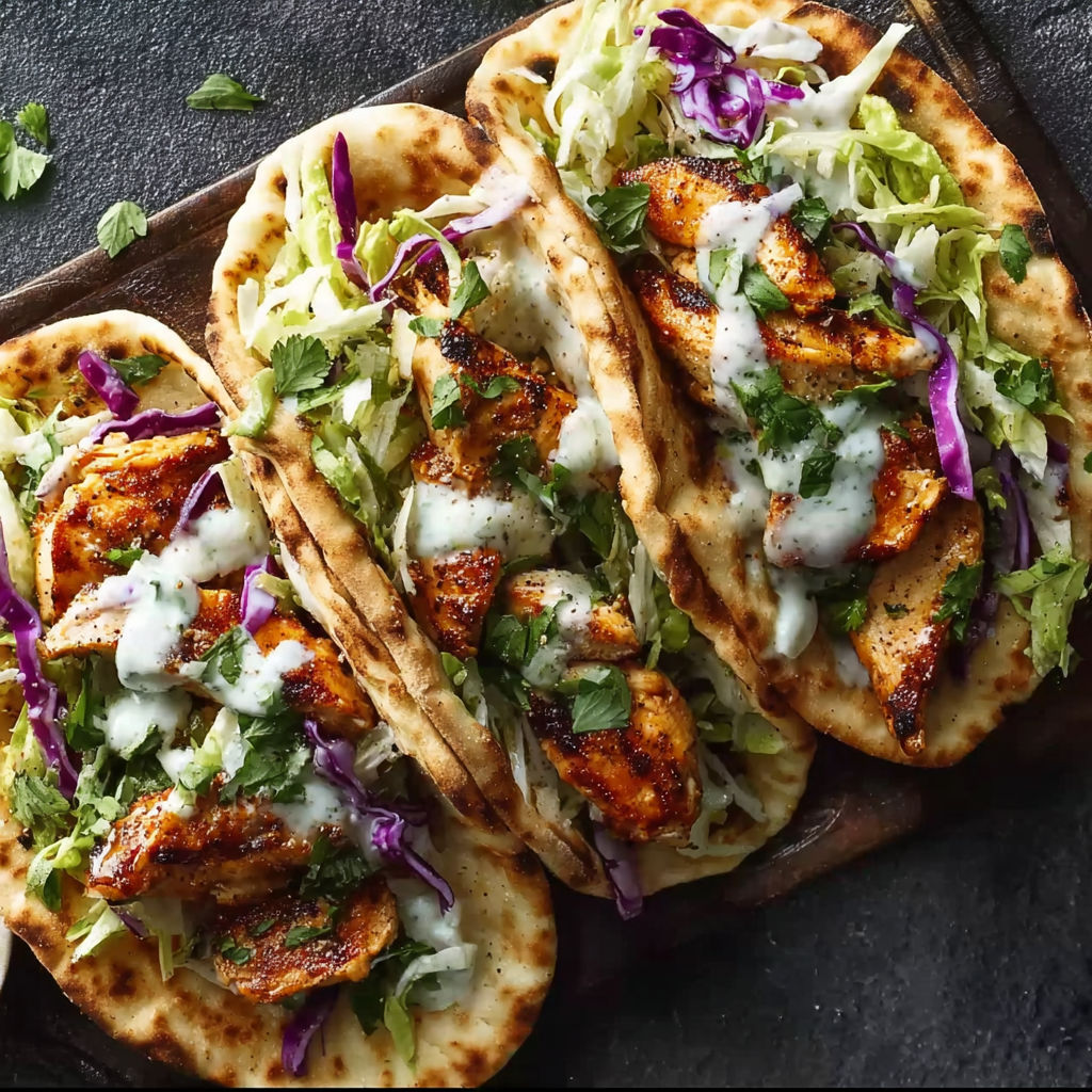 A delicious meal of chicken tacos with lettuce and cheese, served on a wooden platter.