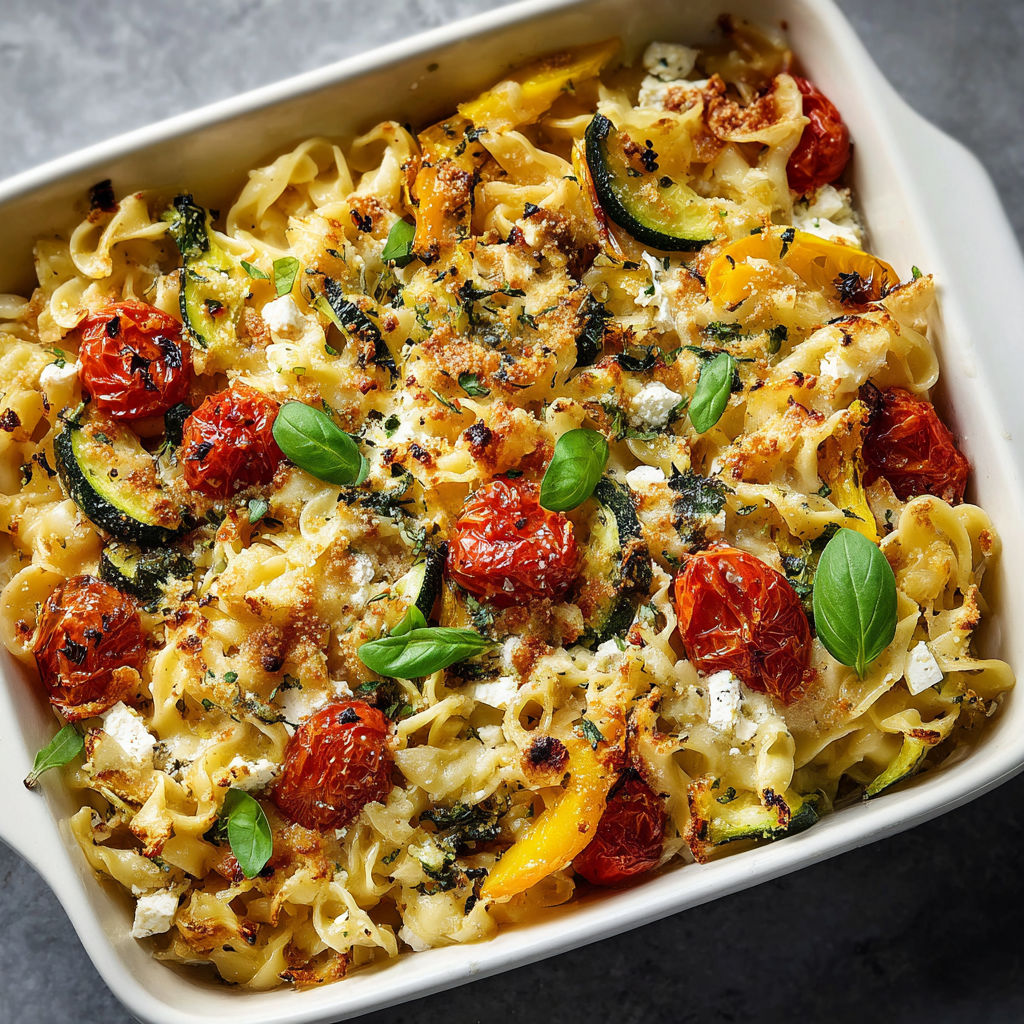 A dish of pasta with tomatoes, zucchini, and cheese.