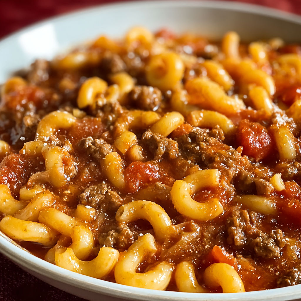 A bowl of Old Fashioned Goulash, filled with pasta, meat, and tomato sauce.