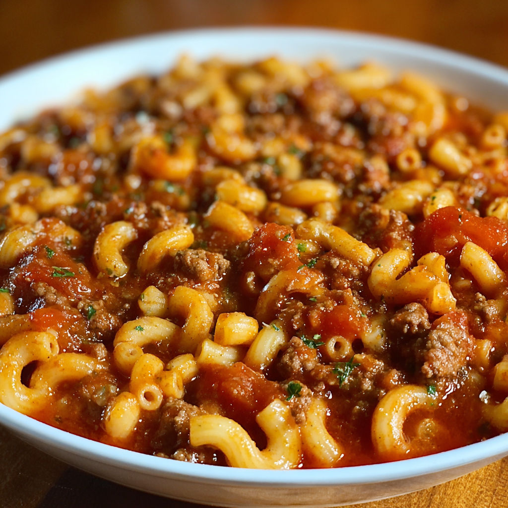 A bowl of pasta with meat and tomatoes, likely a spaghetti and meatballs dish.