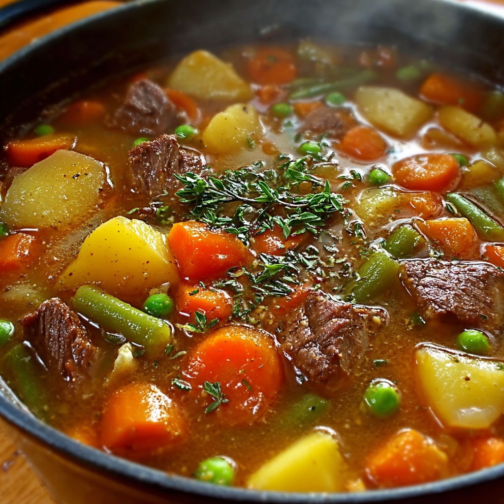 A bowl of beef stew with vegetables such as carrots and peas.