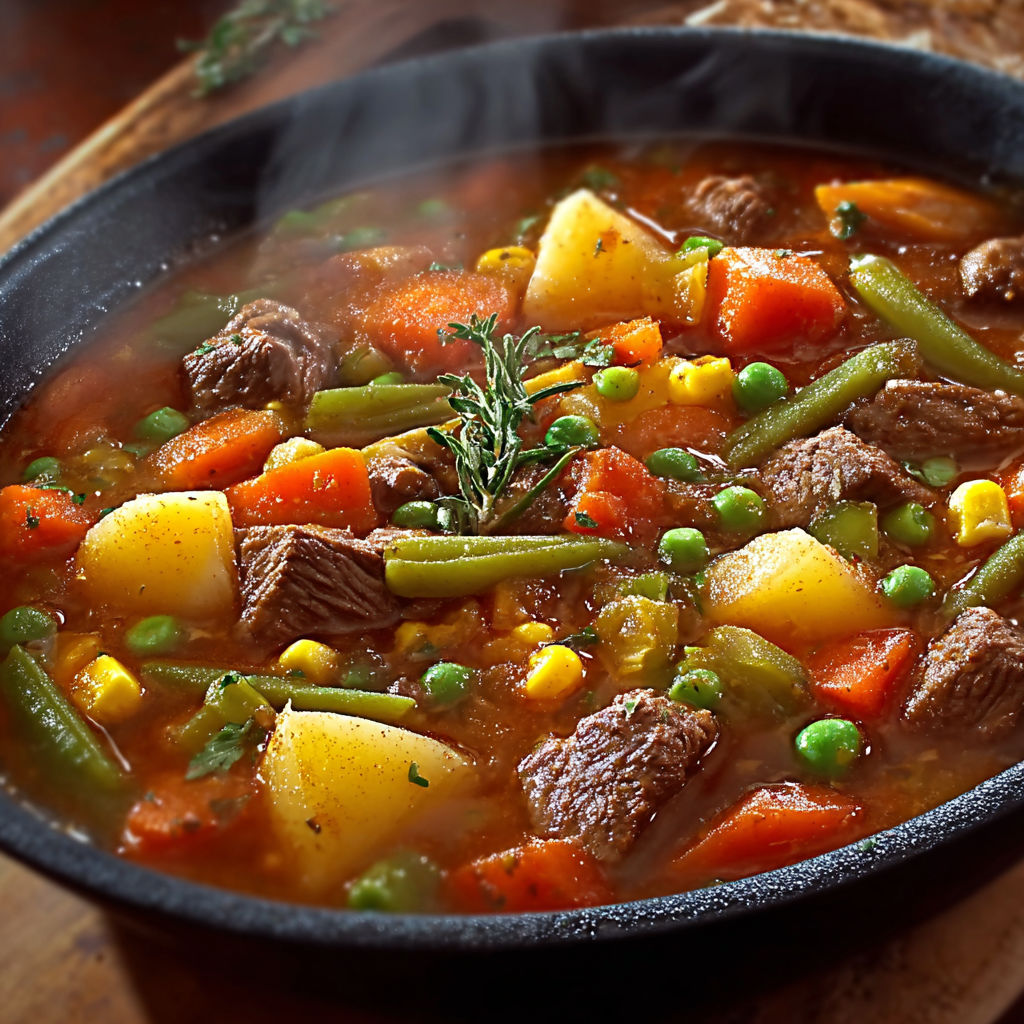 A bowl of stew with meat, potatoes, and peas.
