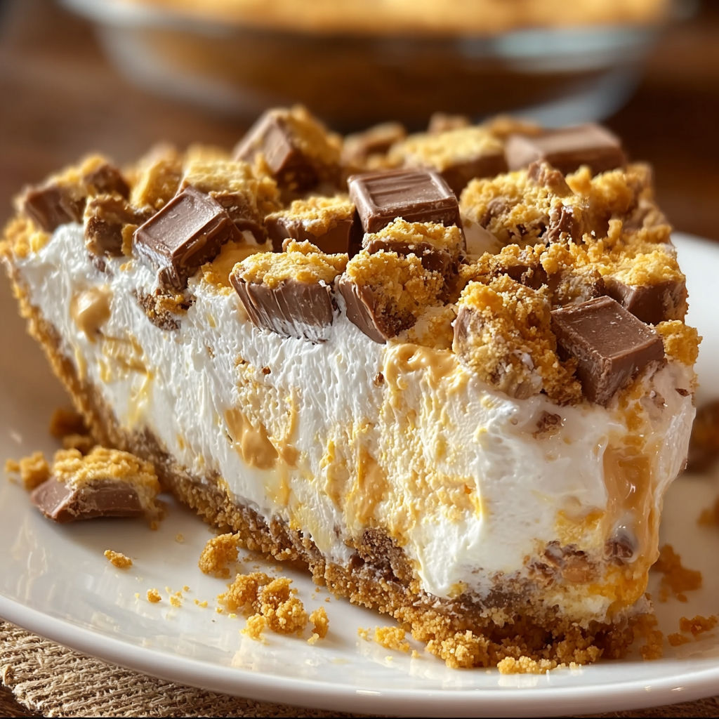 A slice of pie with chocolate and peanut butter toppings.