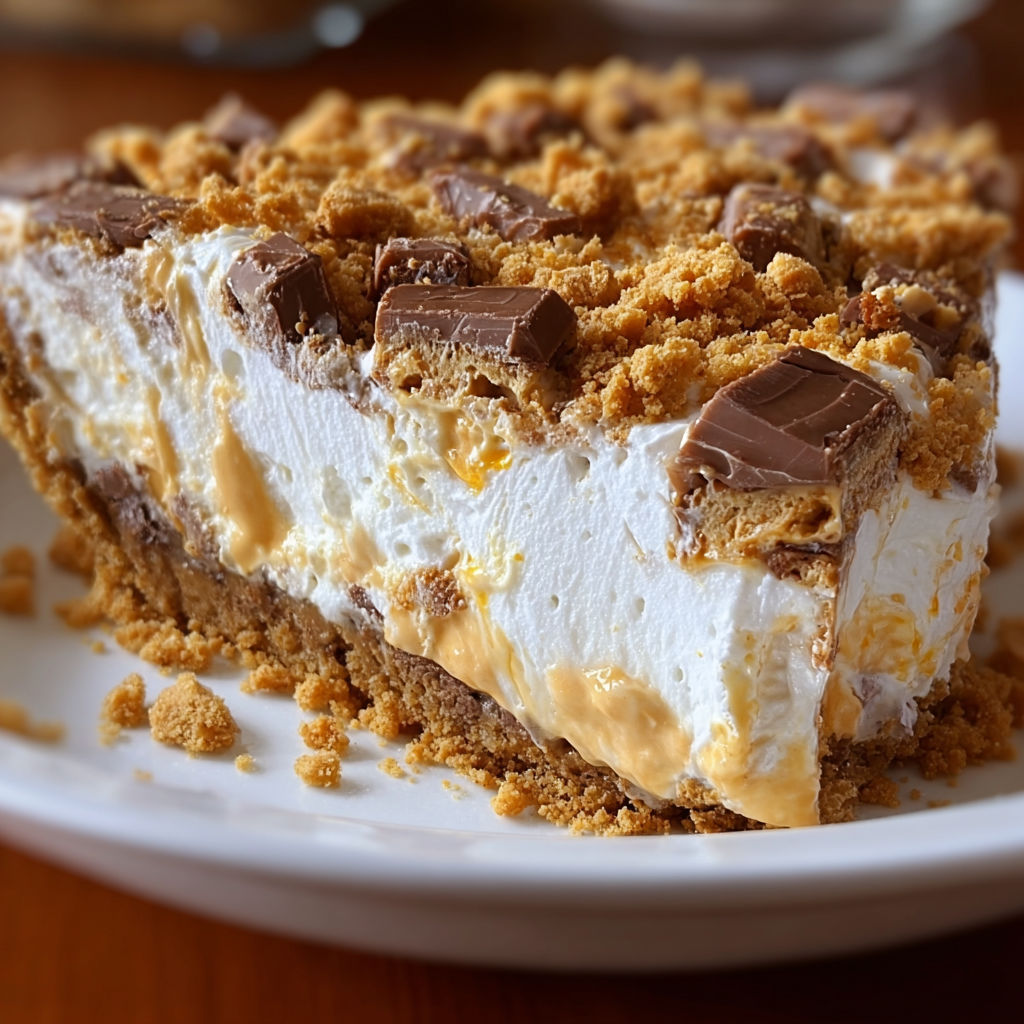 A slice of pie with chocolate and peanut butter toppings.