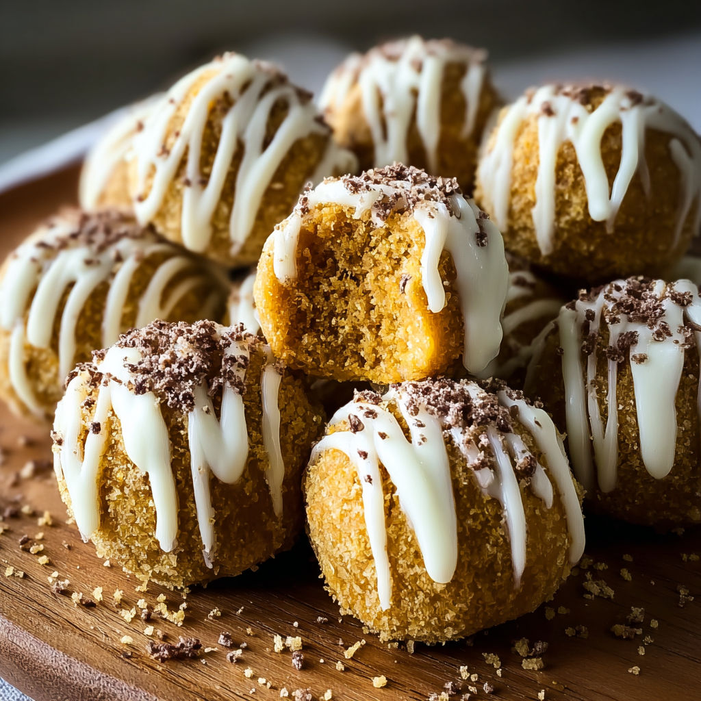A plate of pumpkin cheesecake balls with white icing and chocolate drizzle.