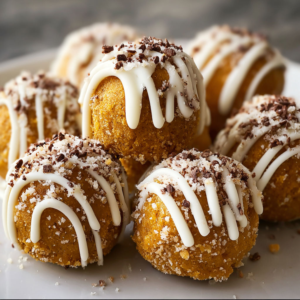 A plate of delicious orange cake balls covered in white icing and chocolate sprinkles.