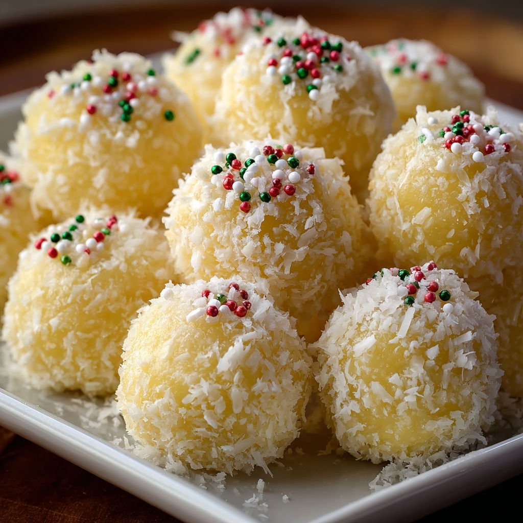 A plate of Pineapple Coconut Holiday Balls.