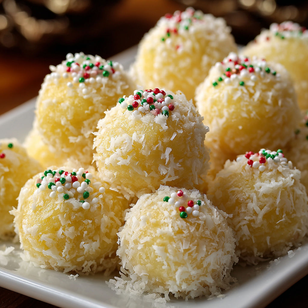 A plate of coconut balls with green and red sprinkles on top.