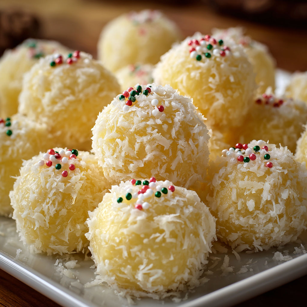 A plate of coconut balls with green and red sprinkles on top.