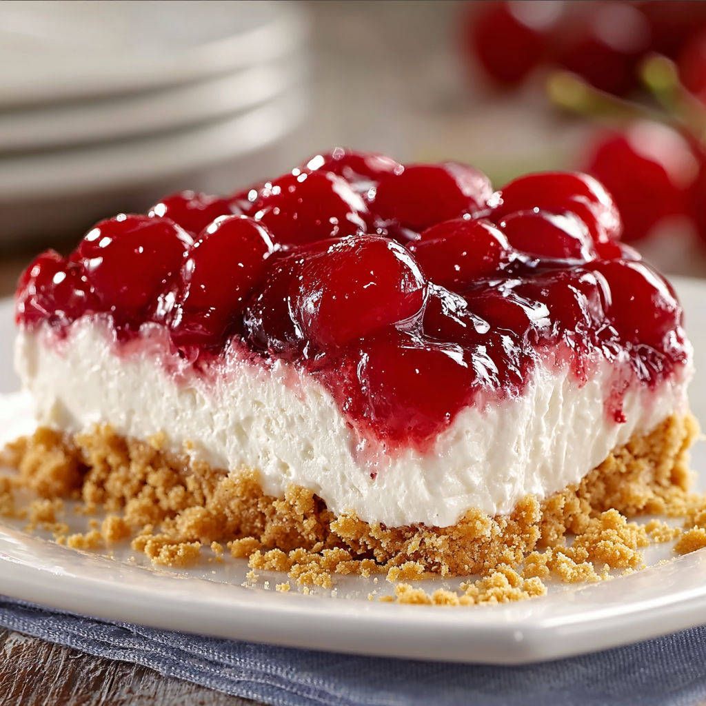 A slice of Dessert Heaven with Cherry Delights on a white plate.