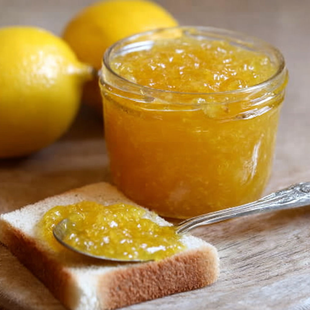 A jar of Italian lemon jam is placed on a wooden table next to a slice of bread.
