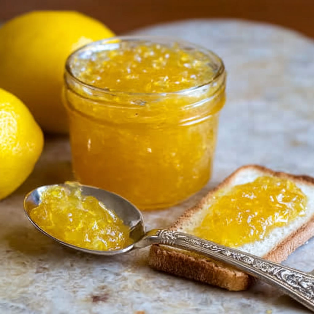 A jar of lemon jam is placed next to a slice of toast.