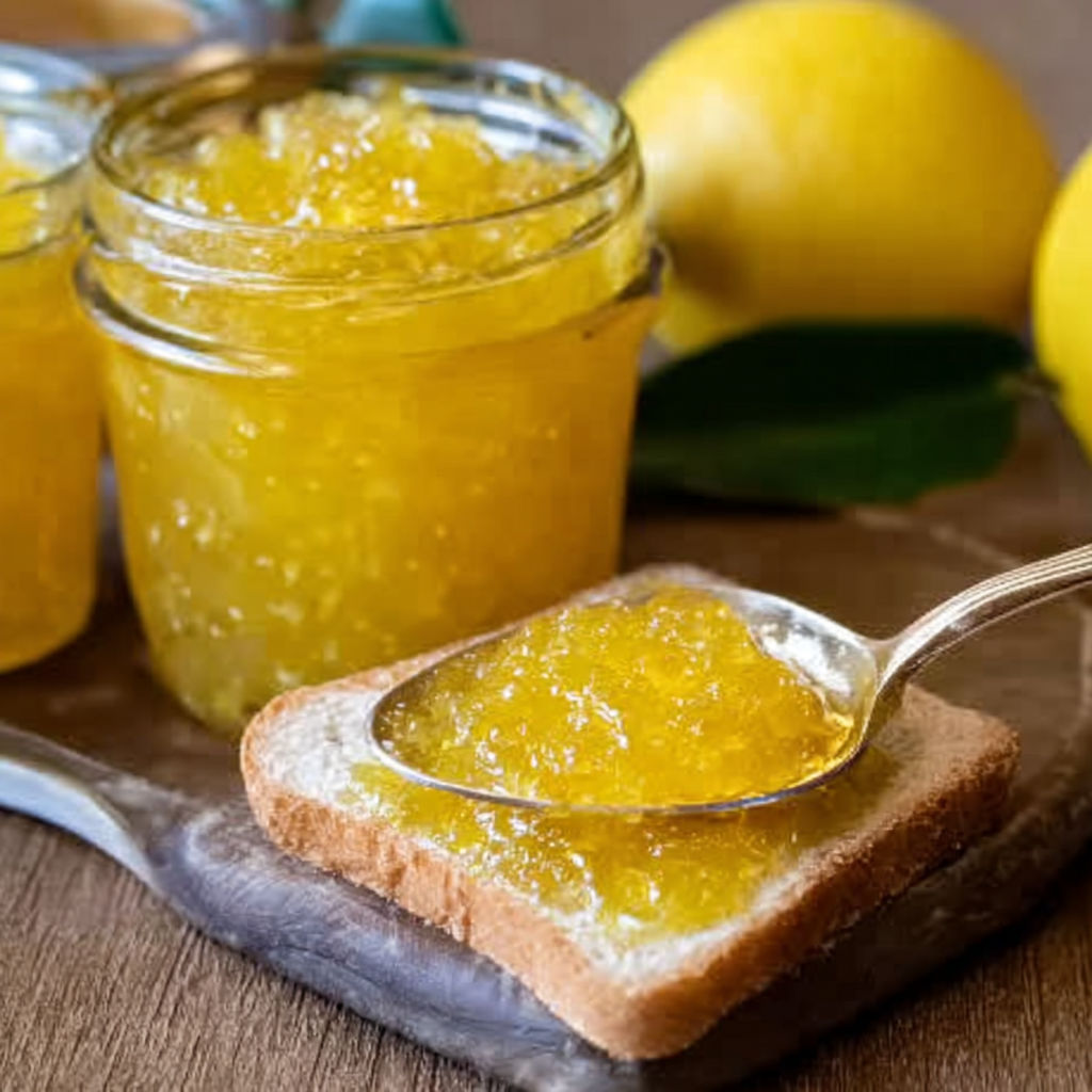 A jar of jam is placed on a wooden table next to a spoon.