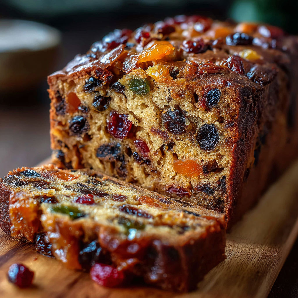 A slice of Heavenly Moist Fruitcake is displayed on a wooden cutting board.