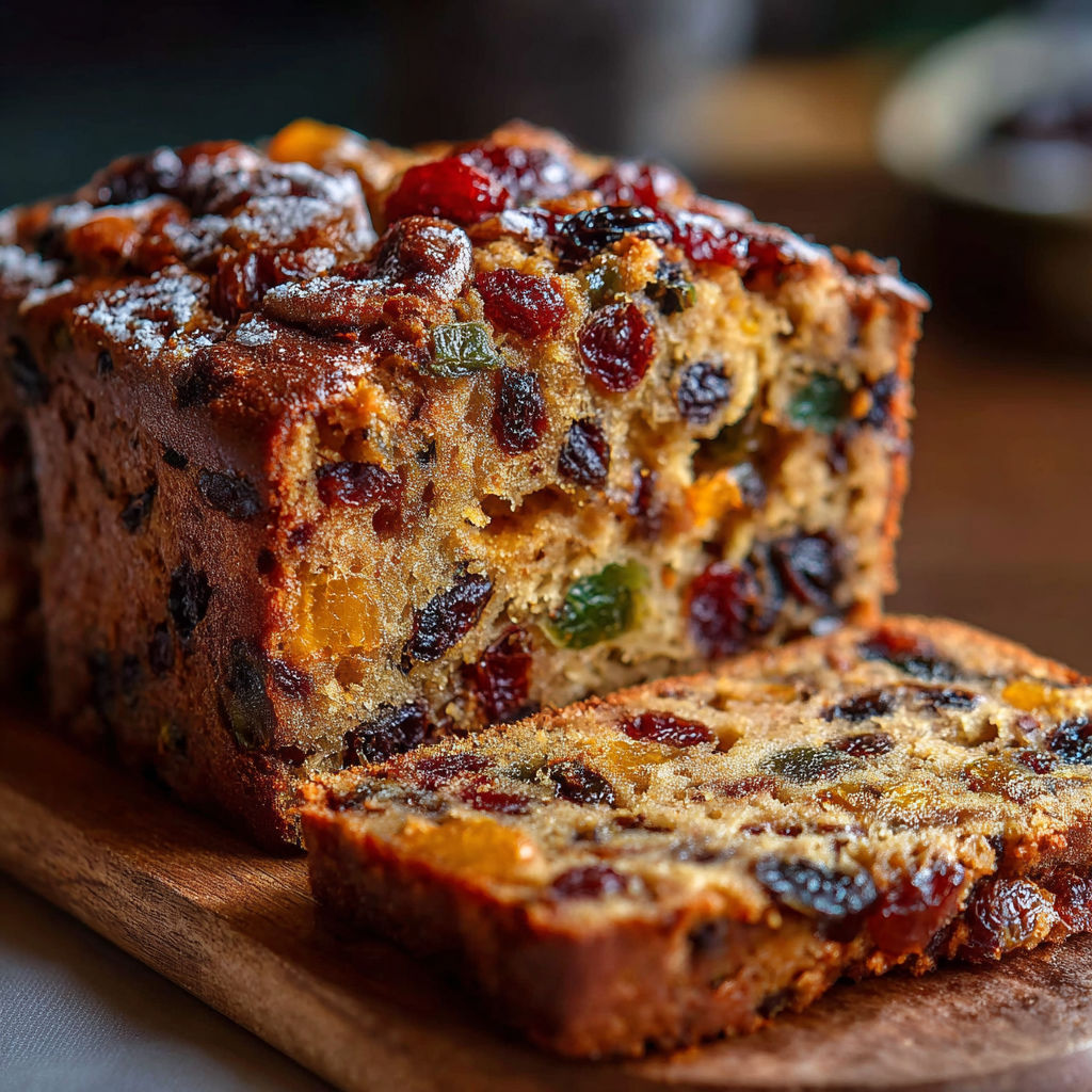 A slice of Heavenly Moist Fruitcake is displayed on a wooden cutting board.