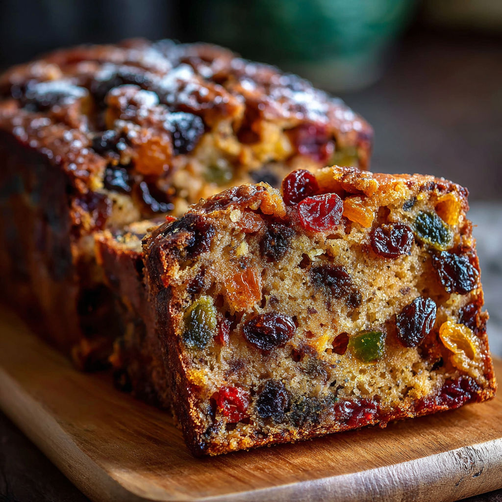 A slice of Heavenly Moist Fruitcake is displayed on a wooden cutting board.