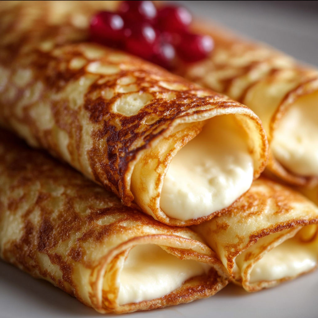 A stack of crepe filled with cheese and berries.