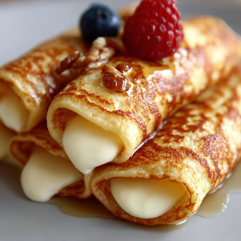A stack of crepes with whipped cream and berries on top.