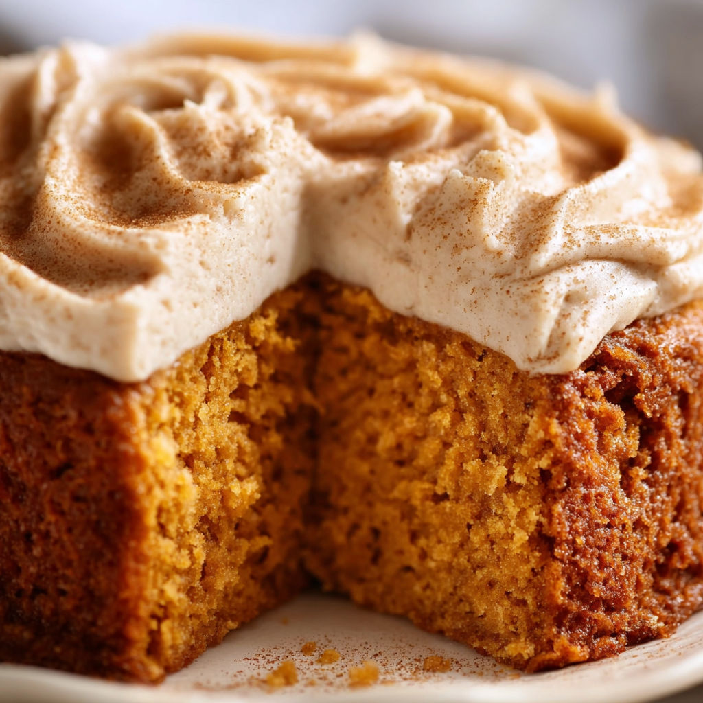 A slice of pumpkin cake with whipped cream on top.