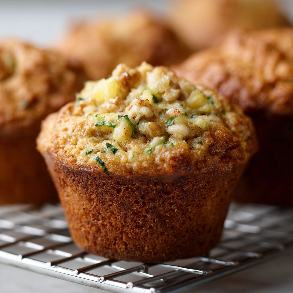 A tray of muffins with a green topping, possibly pineapple, and a crumbly texture.