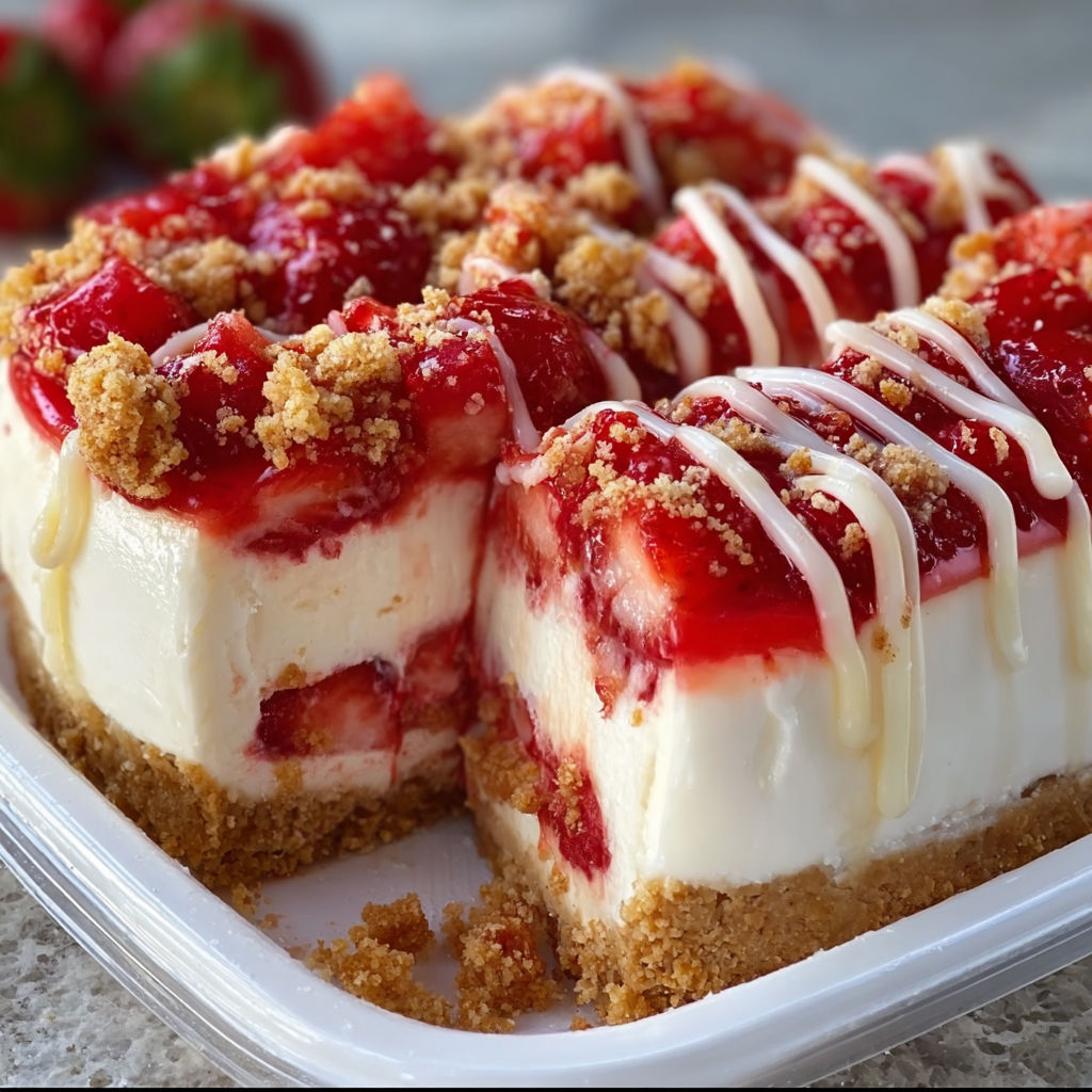 A slice of Strawberry Crunch Cheesecake Delight is displayed on a plate.