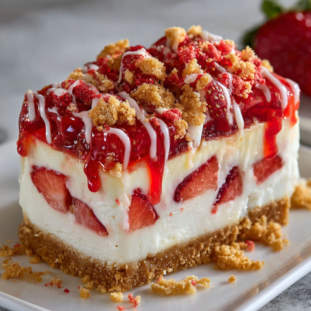 A slice of Strawberry Crunch Cheesecake Delight is displayed on a white plate.