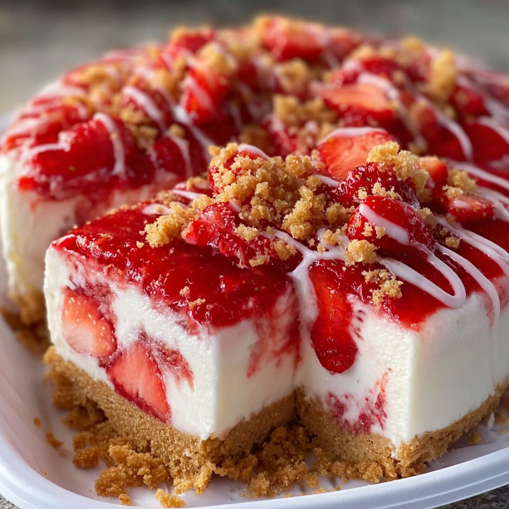 A slice of Strawberry Crunch Cheesecake Delight is displayed on a plate.