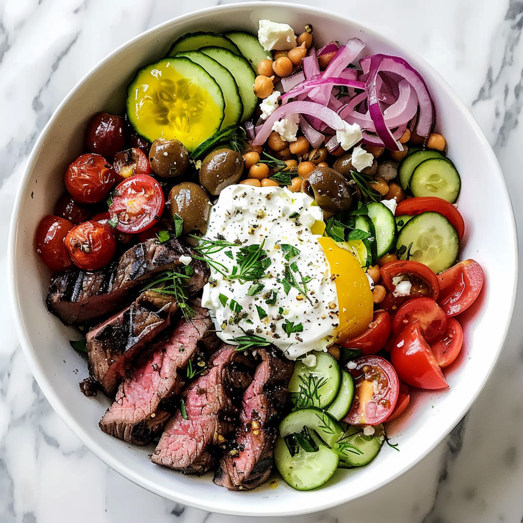 A delicious Mediterranean Steak Bowl filled with various vegetables and meat.
