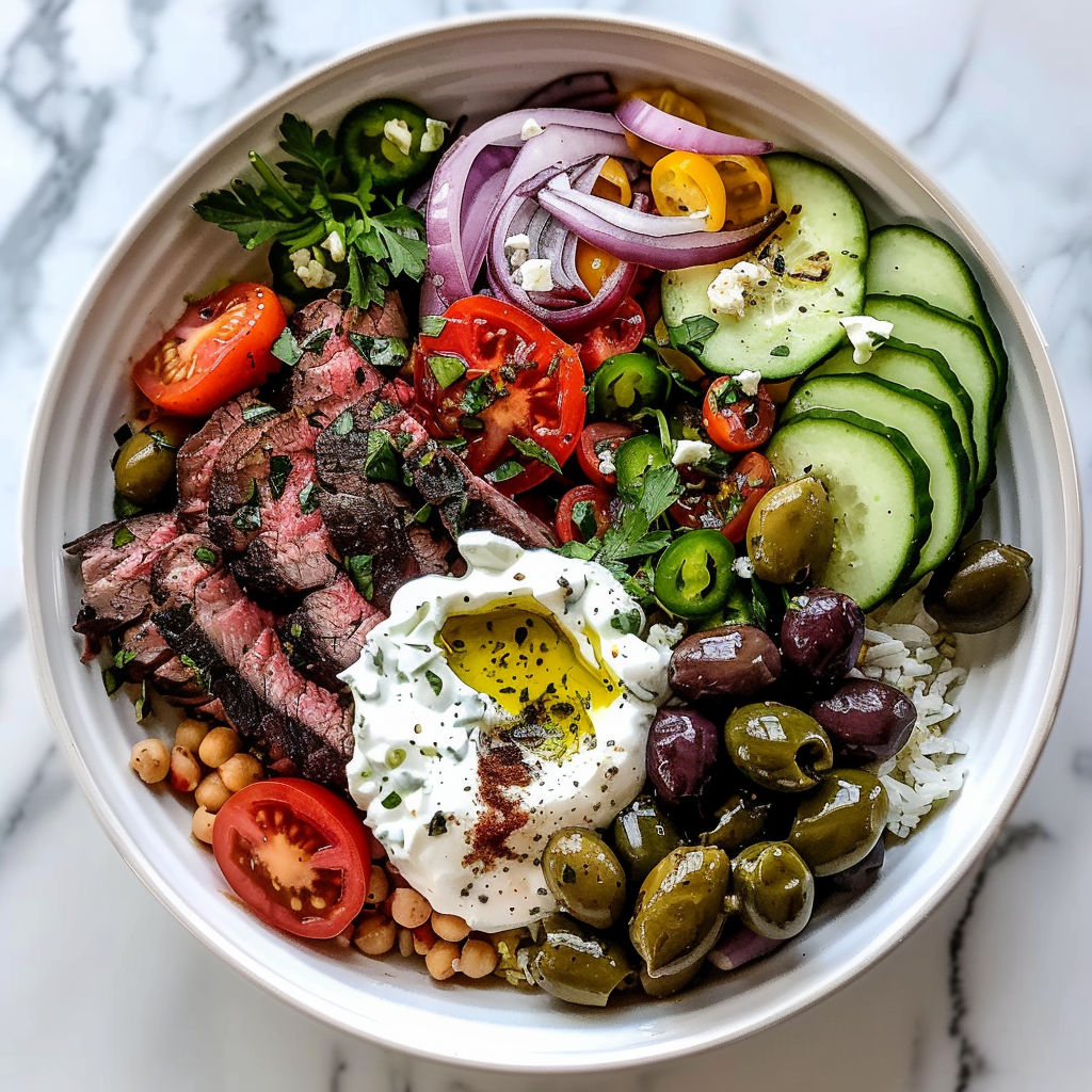 A white bowl filled with a variety of vegetables, including tomatoes, cucumbers, onions, and olives, along with meat and a white sauce.