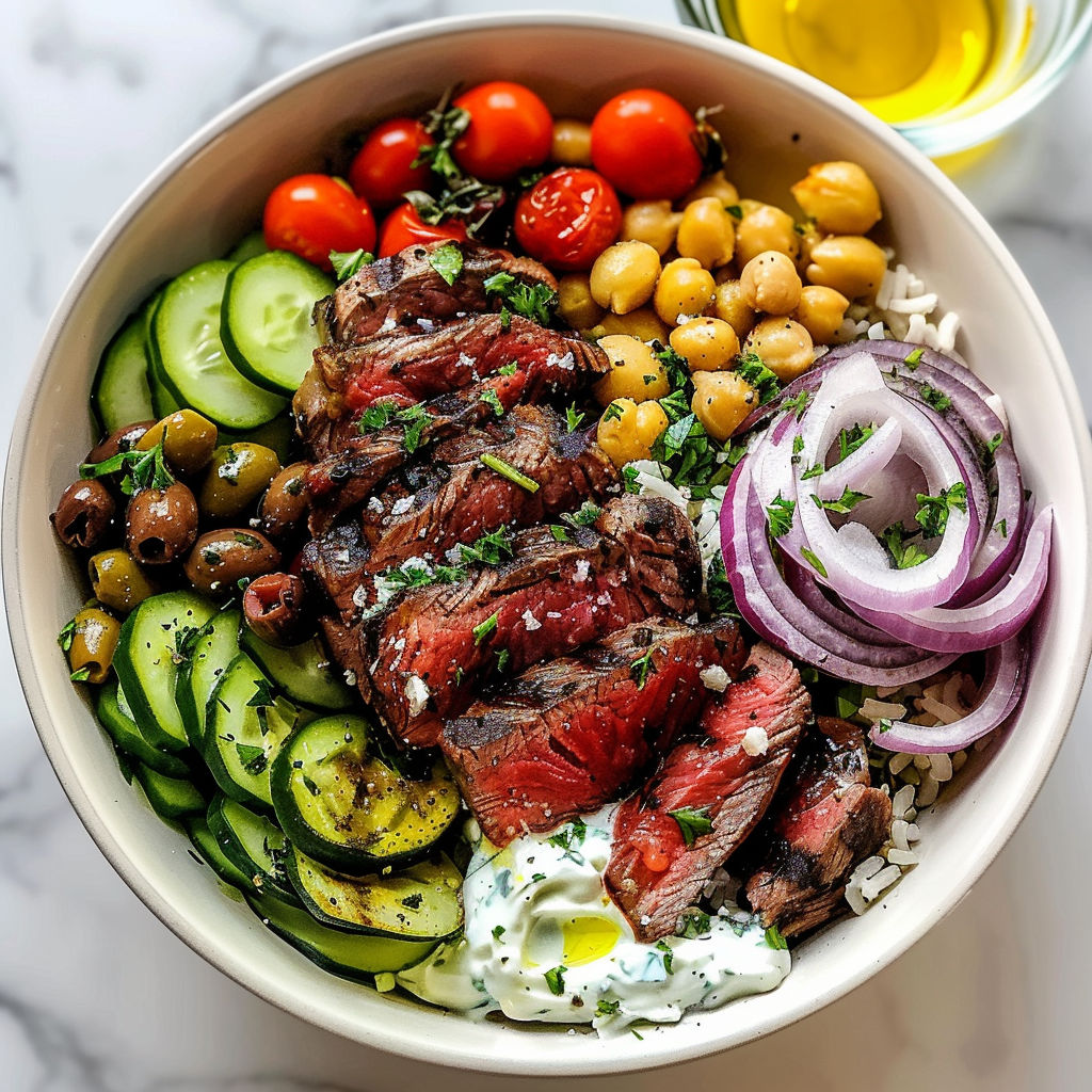 A bowl of food containing meat, vegetables, and rice.