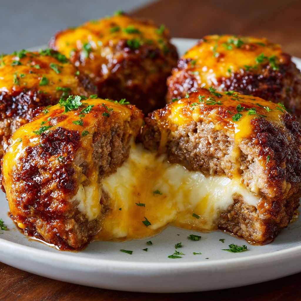 A plate of meatballs with cheese on top, served on a wooden table.
