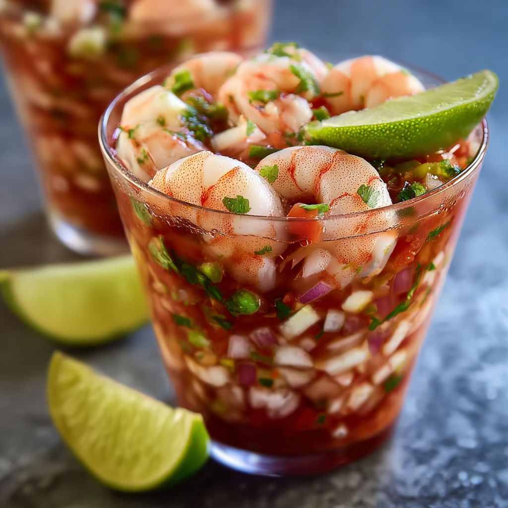 A glass of shrimp cocktail with a slice of lime on top.