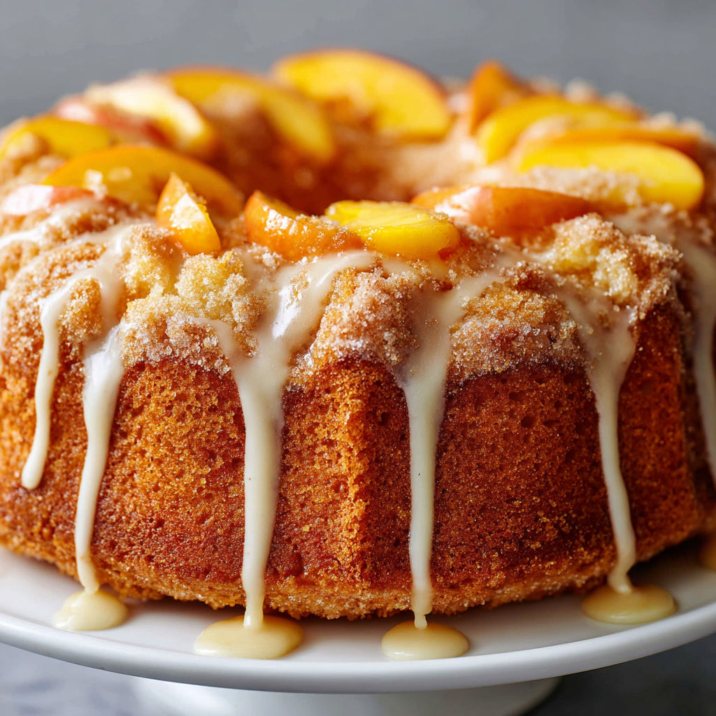 A delicious Peach Buttermilk Pound Cake is displayed on a white plate.