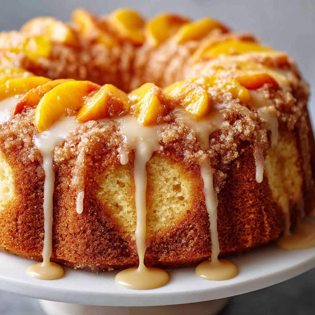 A cake with peaches and cream on top is displayed on a plate.