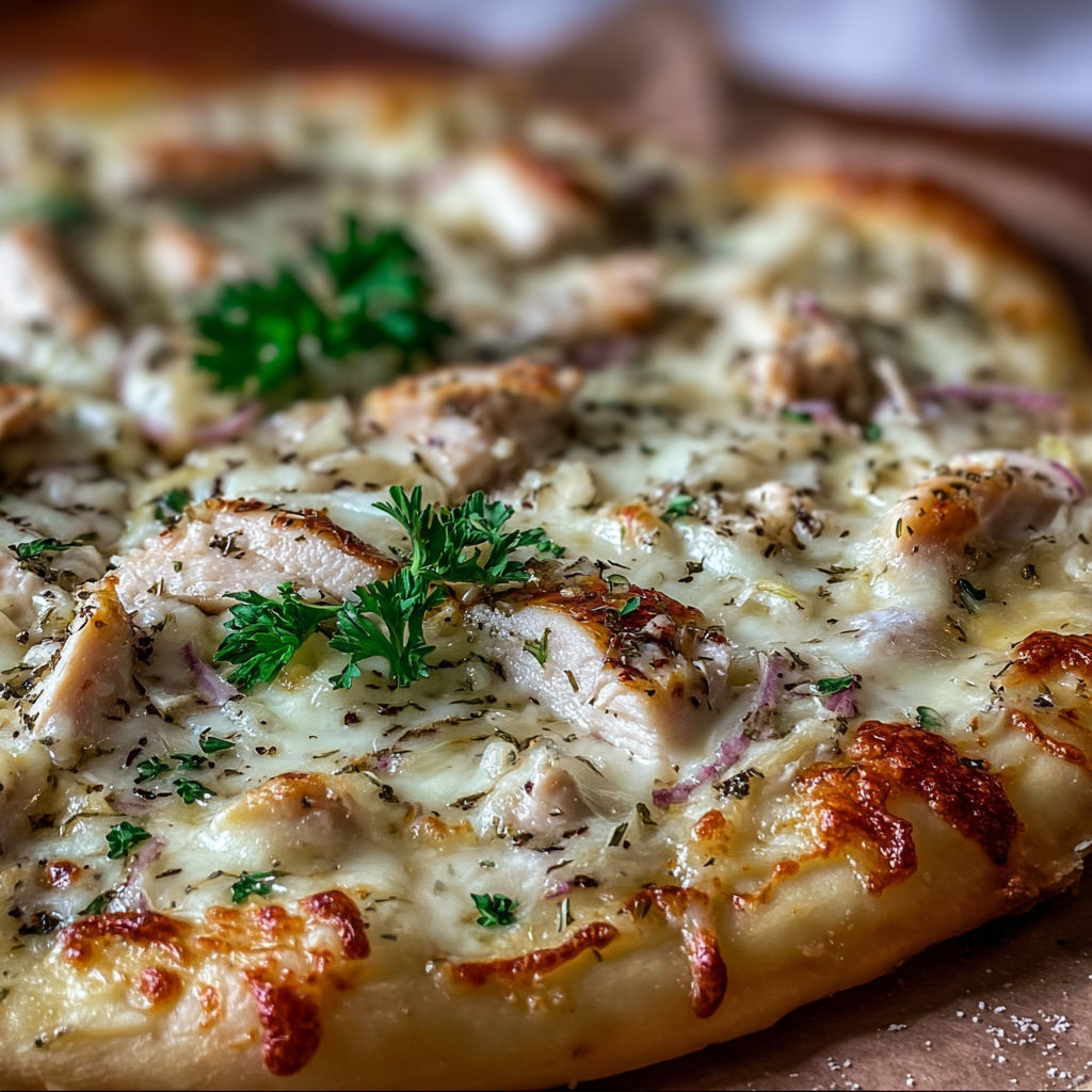 A close up of a delicious Roasted Garlic White Chicken Pizza Recipe.