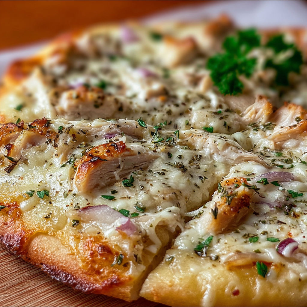 A slice of Roasted Garlic White Chicken Pizza on a wooden table.