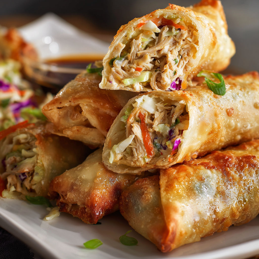 A plate of chicken coleslaw egg rolls, ready to be eaten.