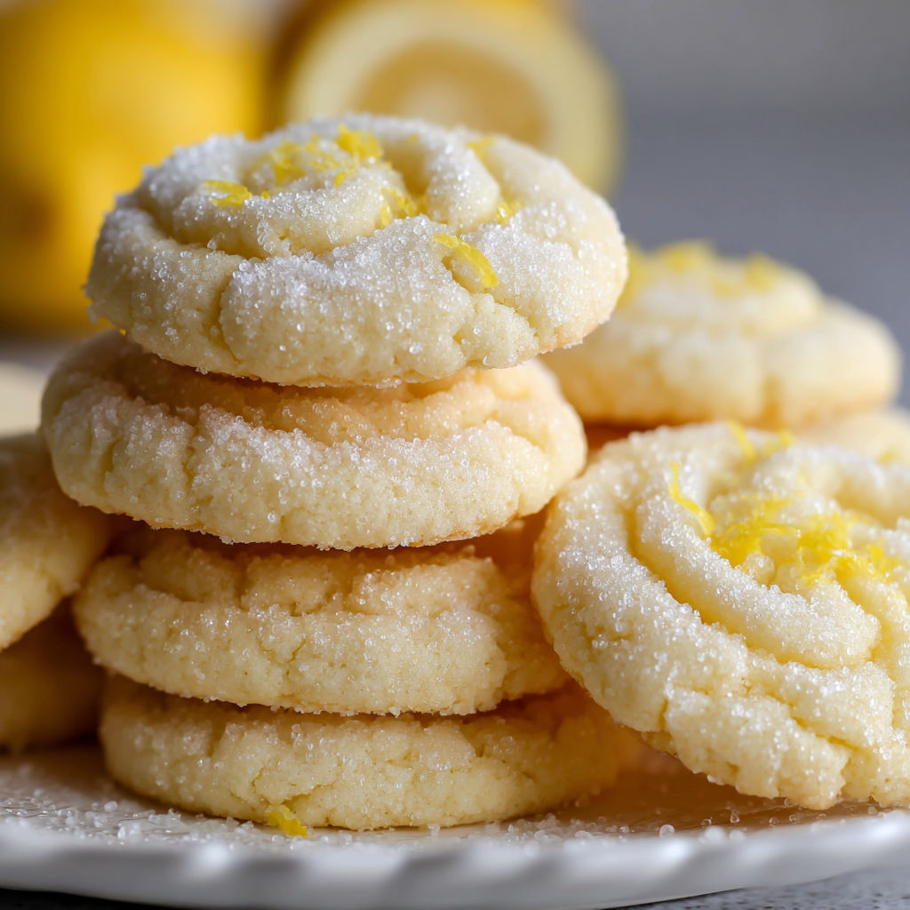 A stack of lemon cookies with a lemon wedge on top.