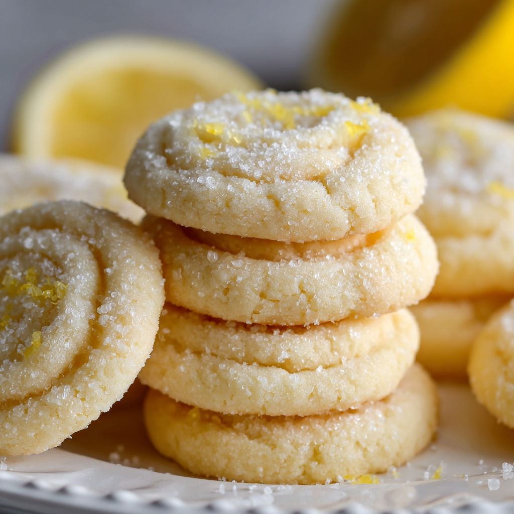 A plate of lemon cookies with a lemon wedge on top.