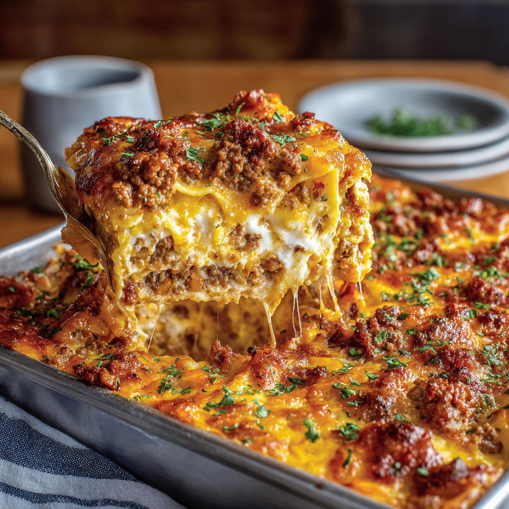 A close-up of a delicious bacon cheeseburger pan lasagna.