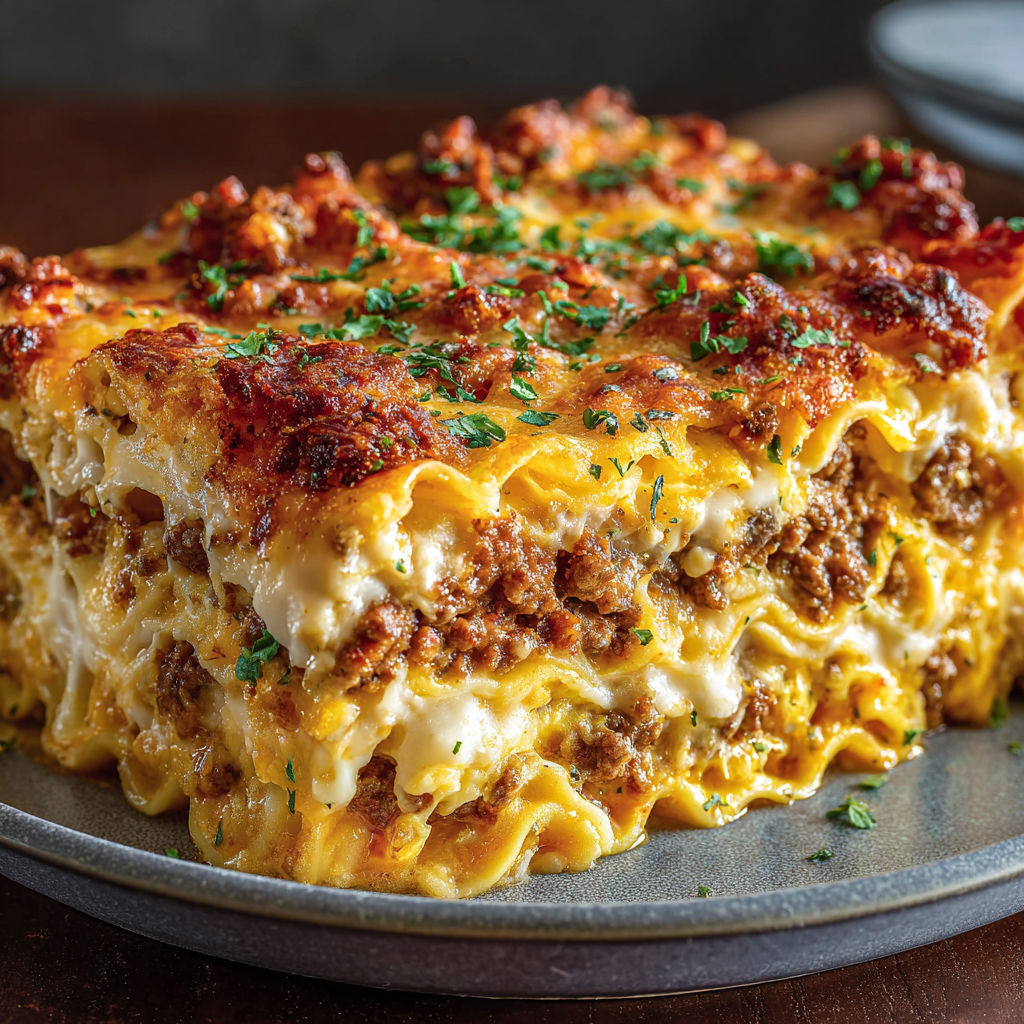 A delicious lasagna dish with a golden brown crust and cheesy, gooey filling, ready to be served.
