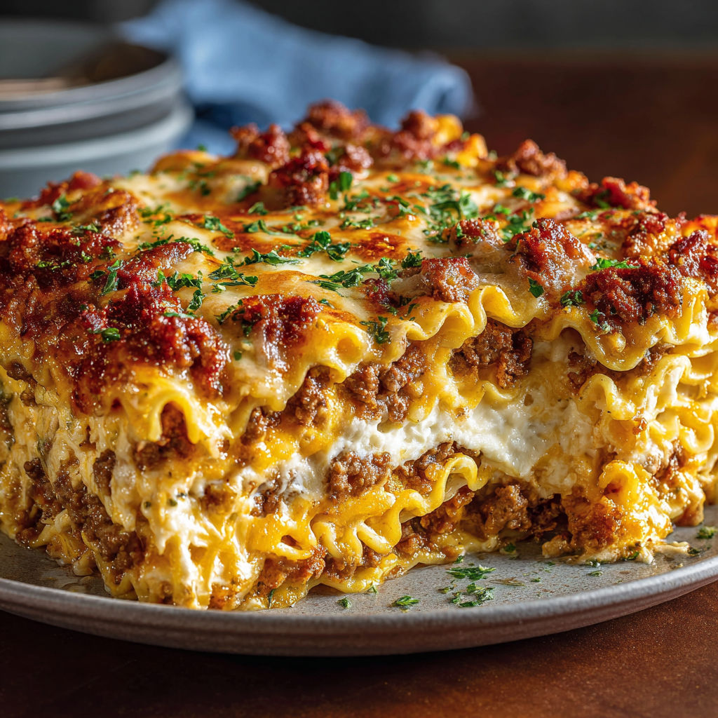 A delicious lasagna casserole is served on a plate.