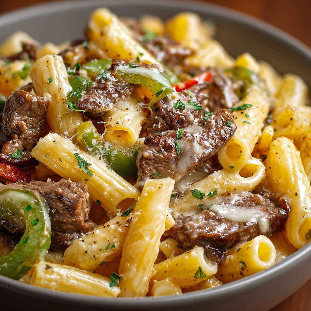 A bowl of pasta with meat and vegetables, including peppers and onions, is served in a bowl.
